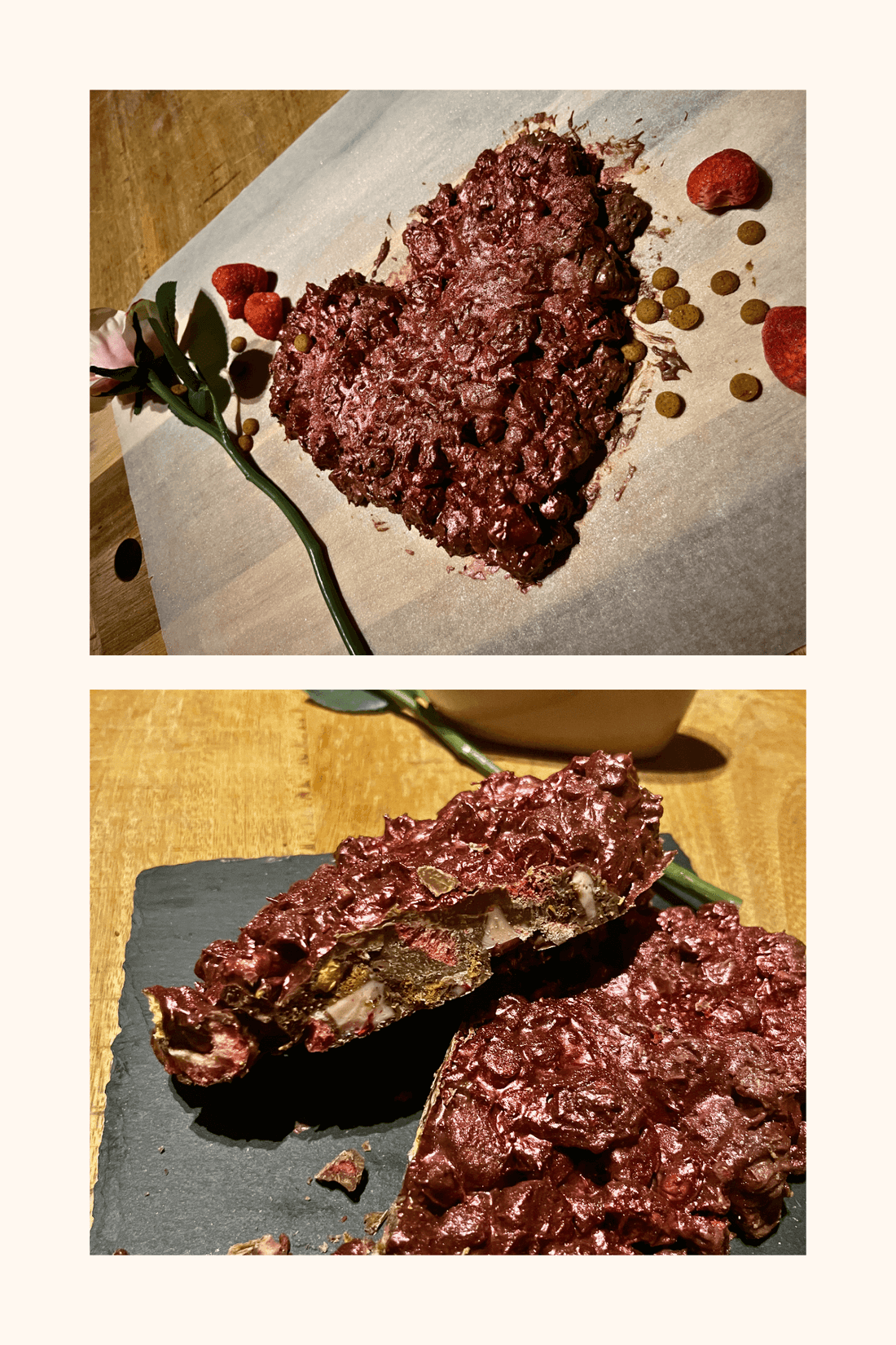 Valentijns Rocky road gevriesdroogde aardbeien eetbare glitters